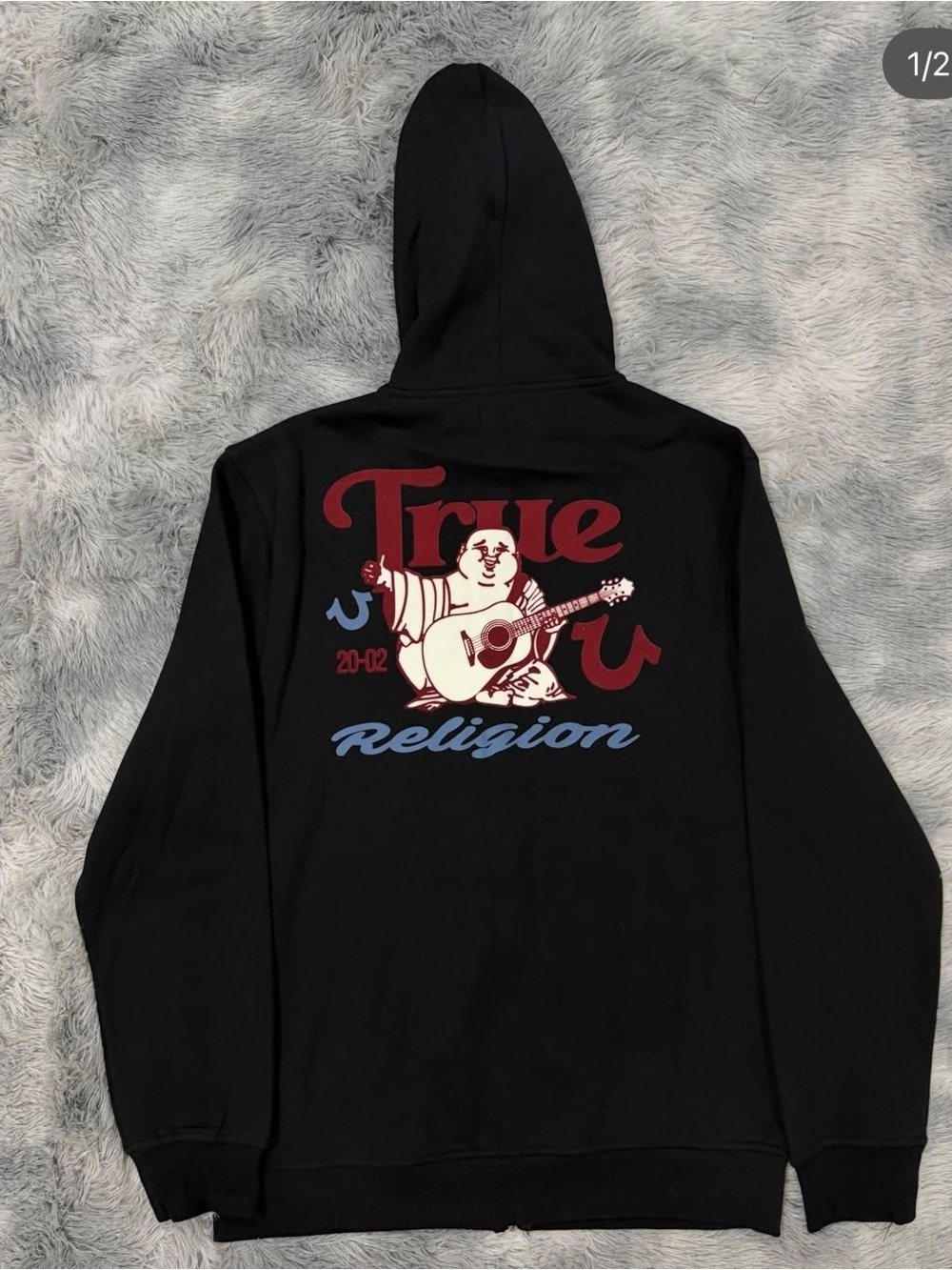 True Religion Black Hoodie with Red, white & Blue Back Graphic